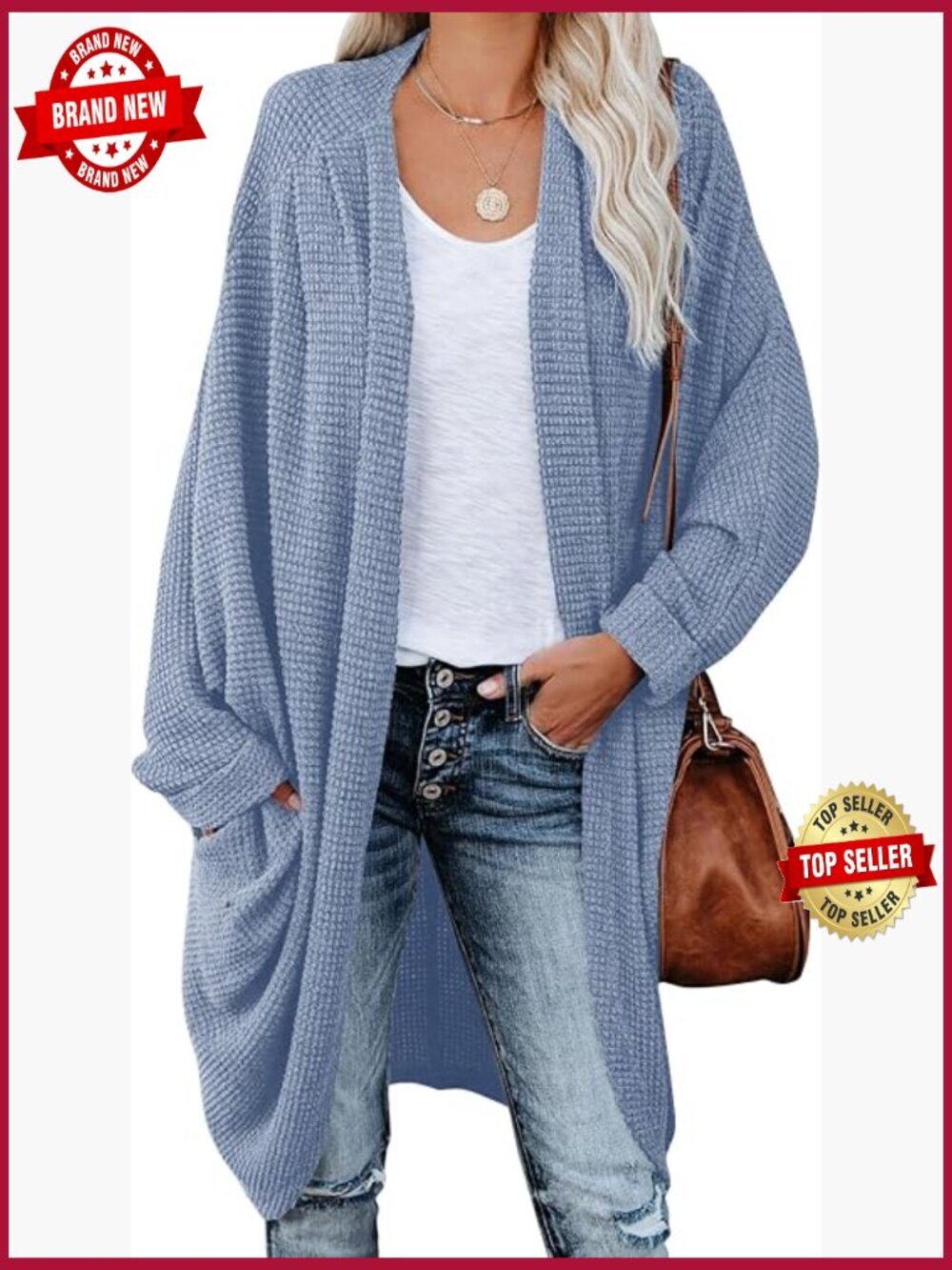 Chunky Waffle Knit Oversized Open Front Cardigan with Pockets
